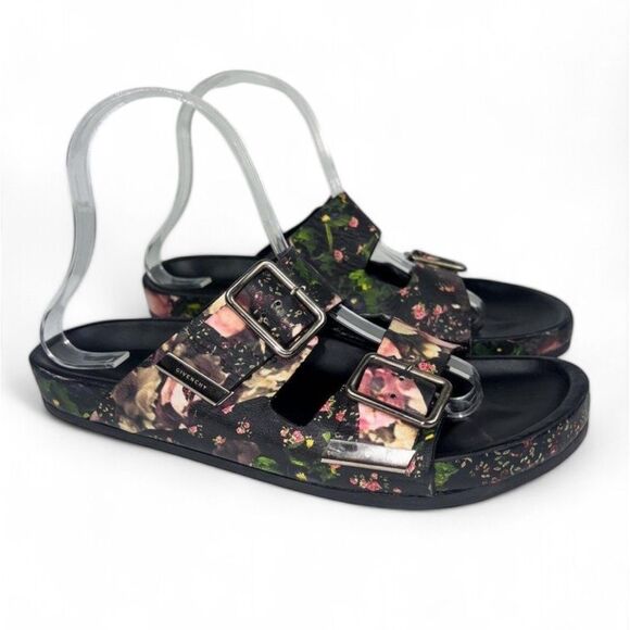 Authentic GIVENCHY Black Floral Print Leather Dual Strap Slides Size EU38 - Picture 7 of 12